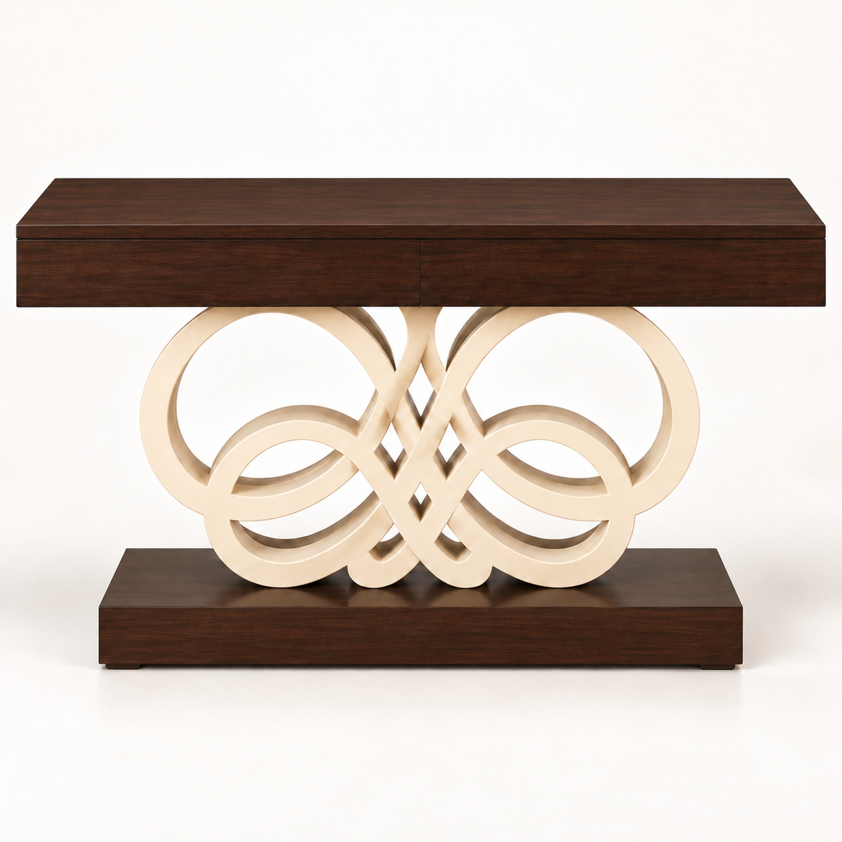 A modern console table featuring a dark brown wood top and base with an intricate cream-colored interlocking circular metal base in the center, shown on a clean white background.