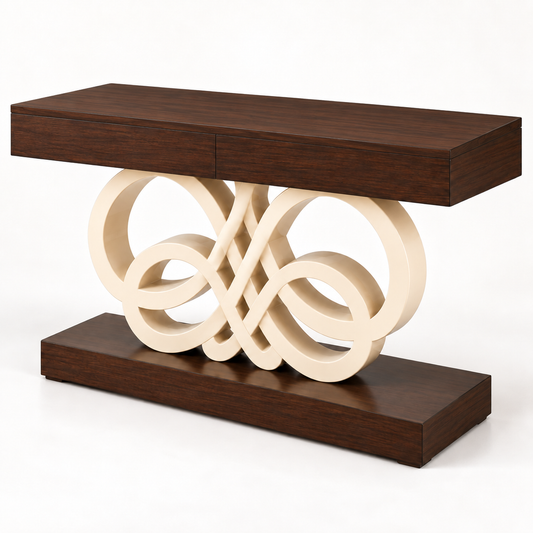 A modern console table with a dark brown wood top and base, featuring a central cream-colored sculptural looped base, shown on a clean white background.
