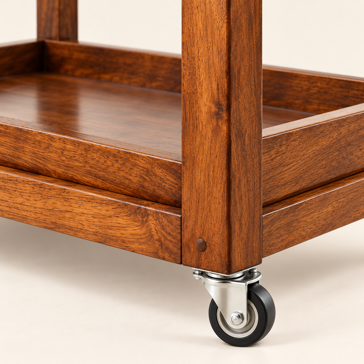 Locking caster wheel and wooden joinery of serving trolley