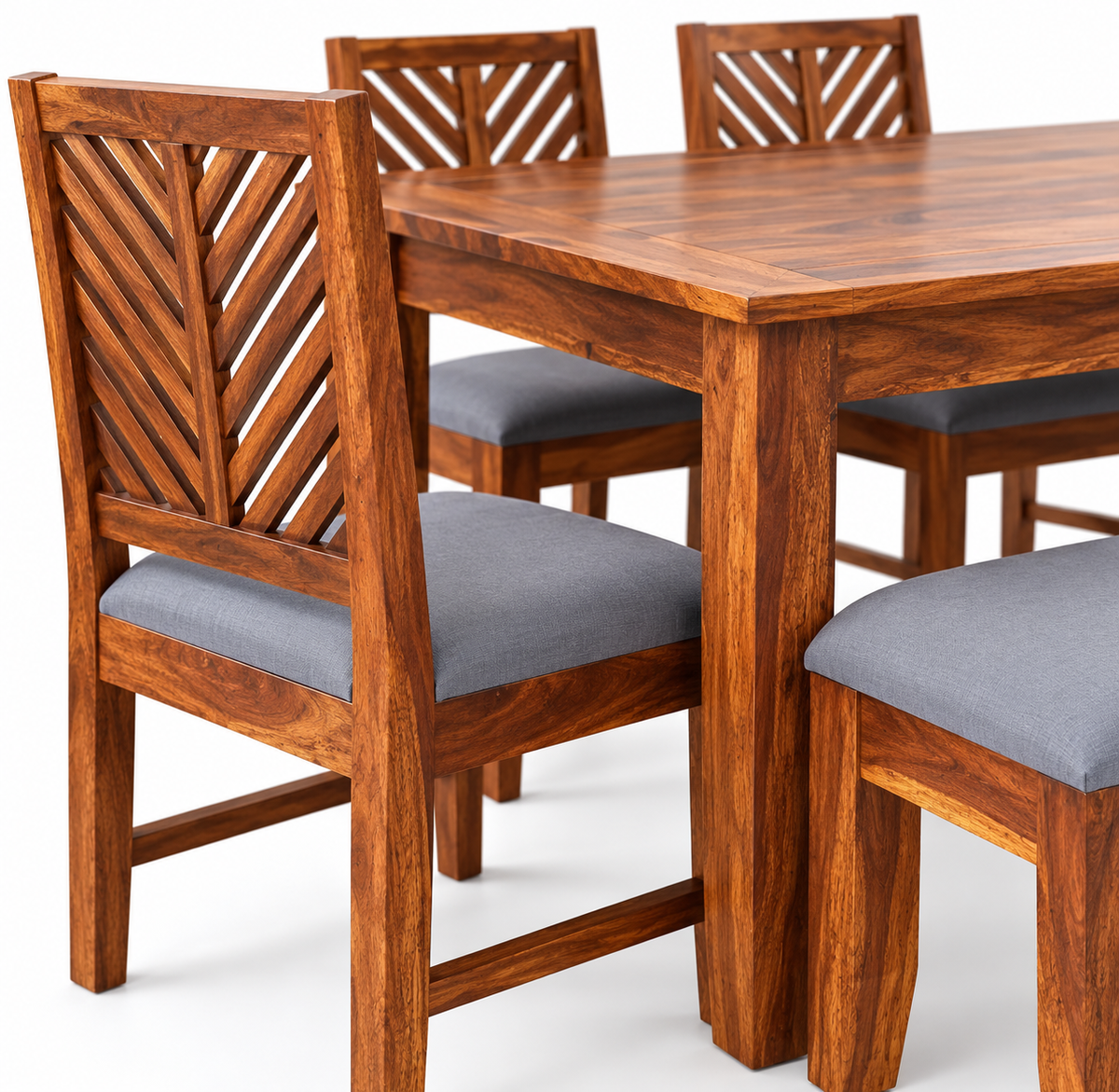 Sheesham Wood Dining Set with 4 Chairs & Bench – close up (supplied upholstery: cream and black suede)