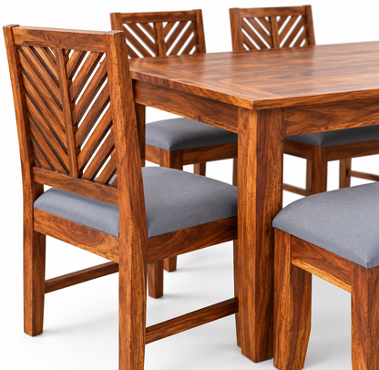 Sheesham Wood Dining Set with 4 Chairs & Bench – close up (supplied upholstery: cream and black suede)