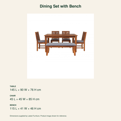 Sheesham Wood Dining Set with 4 Chairs & Bench – dimensions (supplied upholstery: cream and black suede)