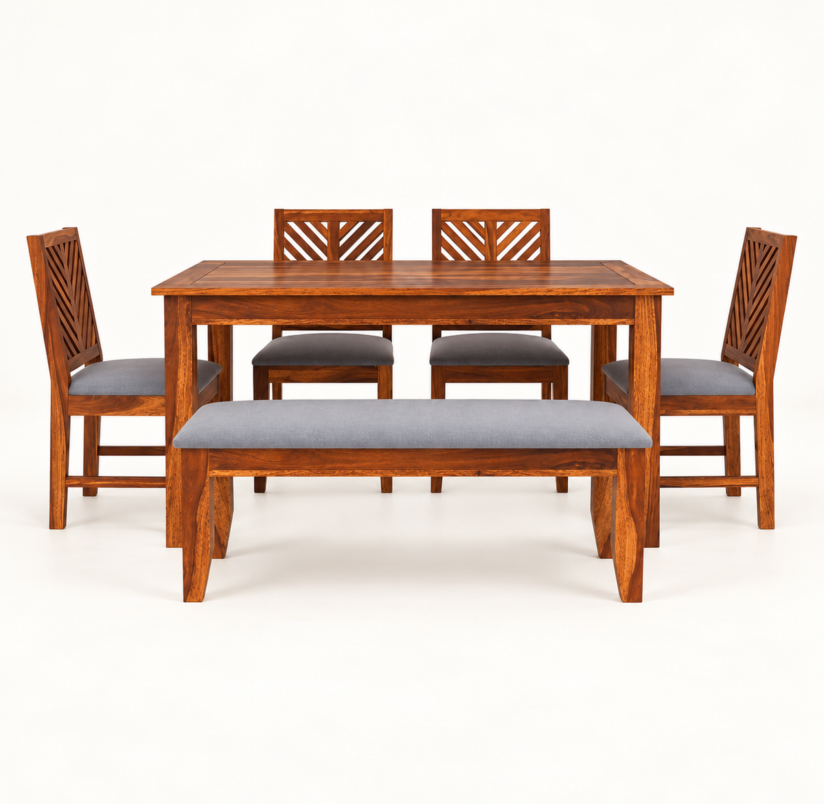 Sheesham Wood Dining Set with 4 Chairs & Bench – front studio (supplied upholstery: cream and black suede)