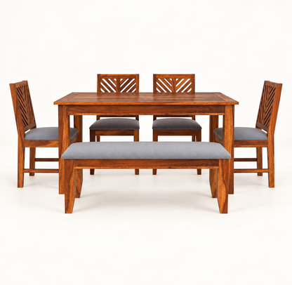 Sheesham Wood Dining Set with 4 Chairs & Bench – front studio (supplied upholstery: cream and black suede)