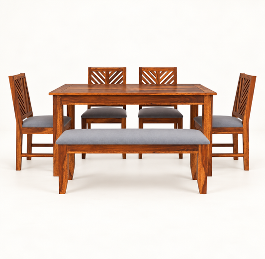 Sheesham Wood Dining Set with 4 Chairs & Bench – front studio (supplied upholstery: cream and black suede)