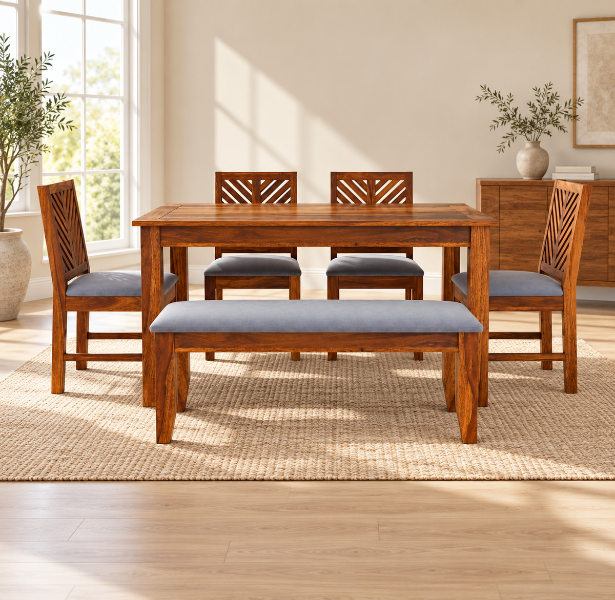 Sheesham Wood Dining Set with 4 Chairs & Bench – lifestyle (supplied upholstery: cream and black suede)