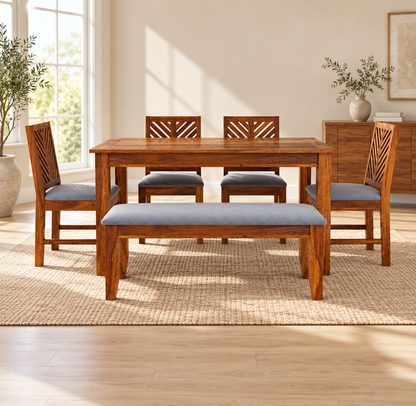 Sheesham Wood Dining Set with 4 Chairs & Bench – lifestyle (supplied upholstery: cream and black suede)