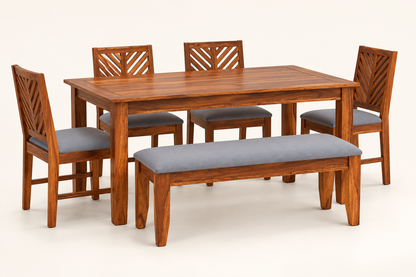 Sheesham Wood Dining Set with 4 Chairs & Bench – side studio (supplied upholstery: cream and black suede)