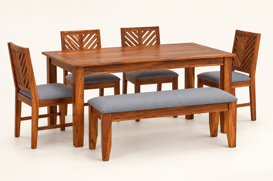 Sheesham Wood Dining Set with 4 Chairs & Bench – side studio (supplied upholstery: cream and black suede)