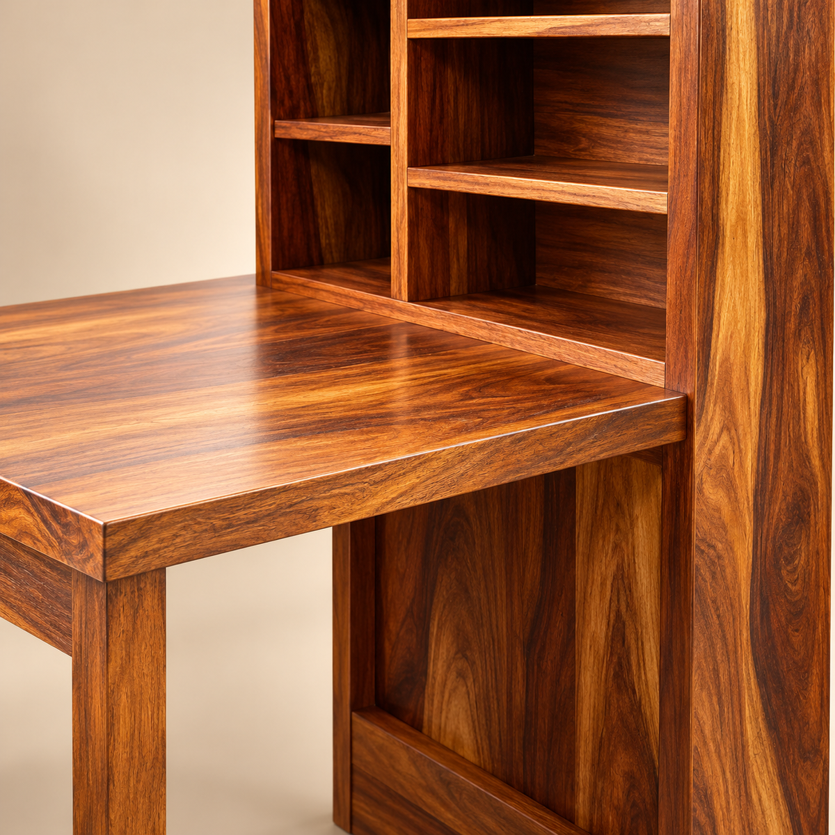 Close-up of Sheesham wood grain and study table bookshelf joinery