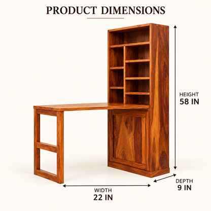 Dimensions of solid Sheesham wood study table with bookshelf