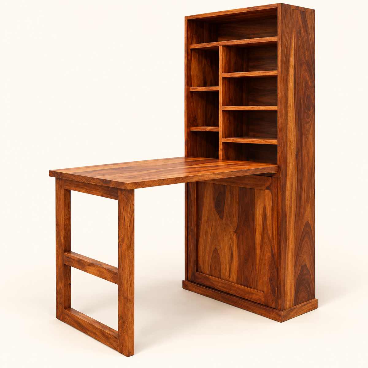 Front view of solid Sheesham wood study table with integrated bookshelf