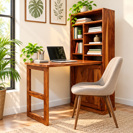 Solid Sheesham wood study table with bookshelf in a home study setting