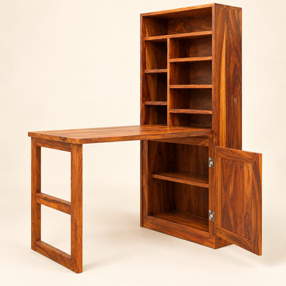 Sheesham study table with lower storage cabinet shown open