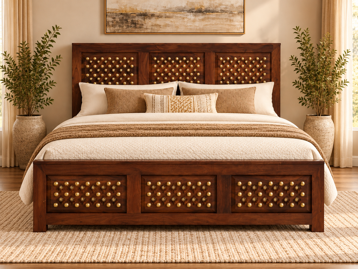 Front lifestyle view of Sheesham wood brass accent storage bed with mattress