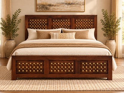 Front lifestyle view of Sheesham wood brass accent storage bed with mattress