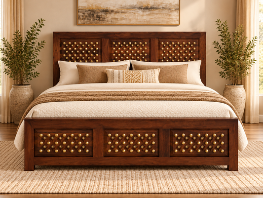 Front lifestyle view of Sheesham wood brass accent storage bed with mattress