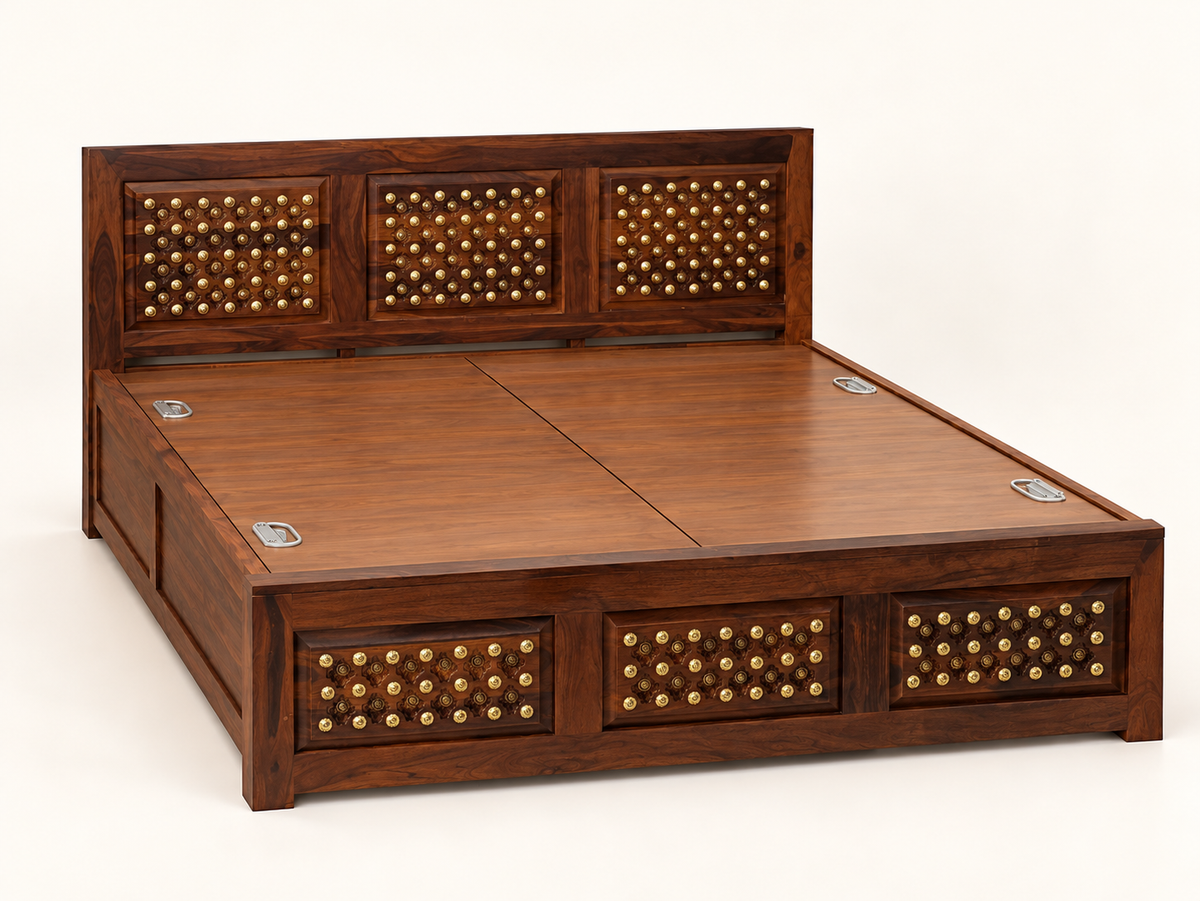 Front studio view of Sheesham wood storage bed with brass accents