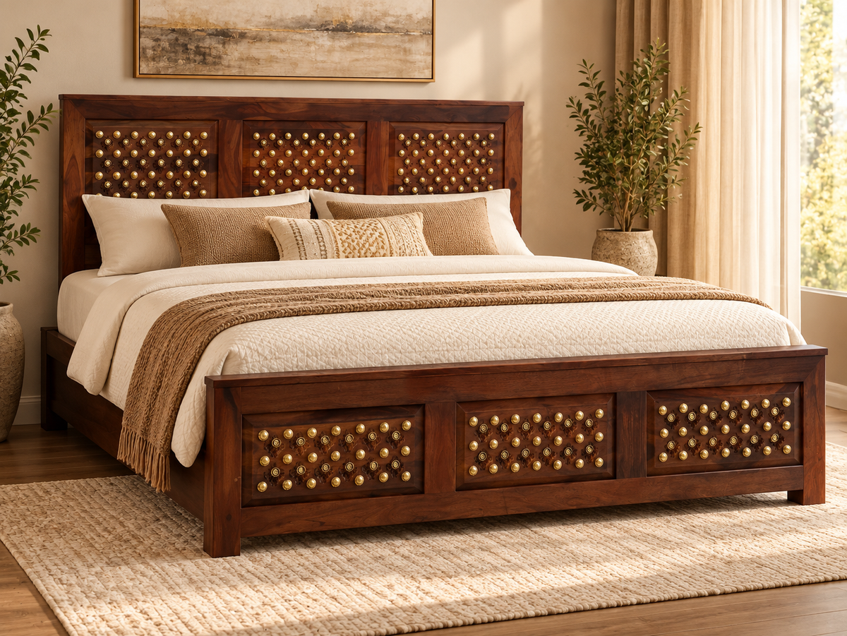 Side lifestyle view of Sheesham wood brass accent bed with mattress
