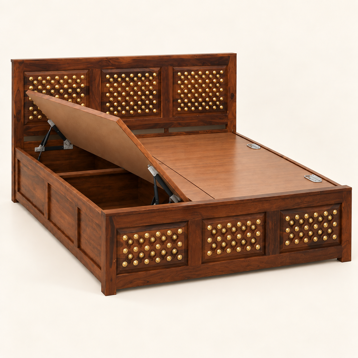 Side studio view of Sheesham wood brass accent storage bed