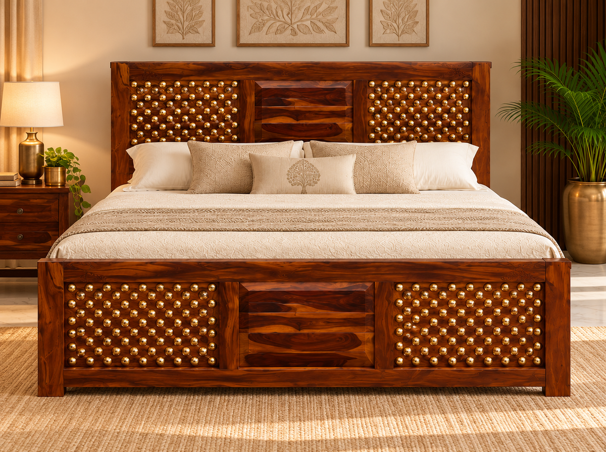 Front lifestyle view of Sheesham wood brass-studded bed with mattress