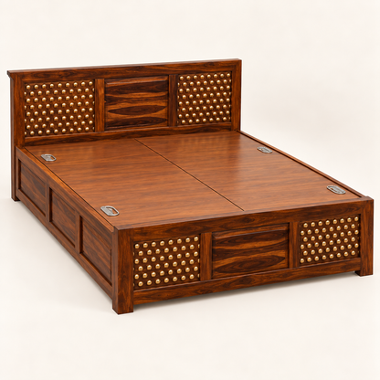 Front studio view of Sheesham wood brass-studded storage bed