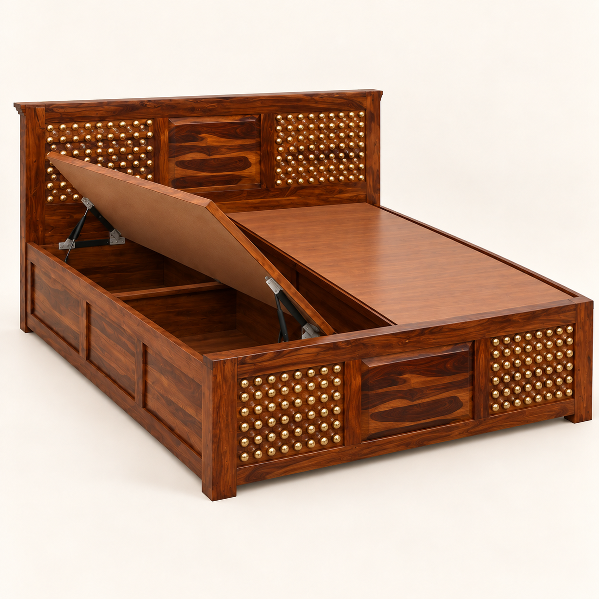 Side studio view of dark walnut Sheesham wood storage bed