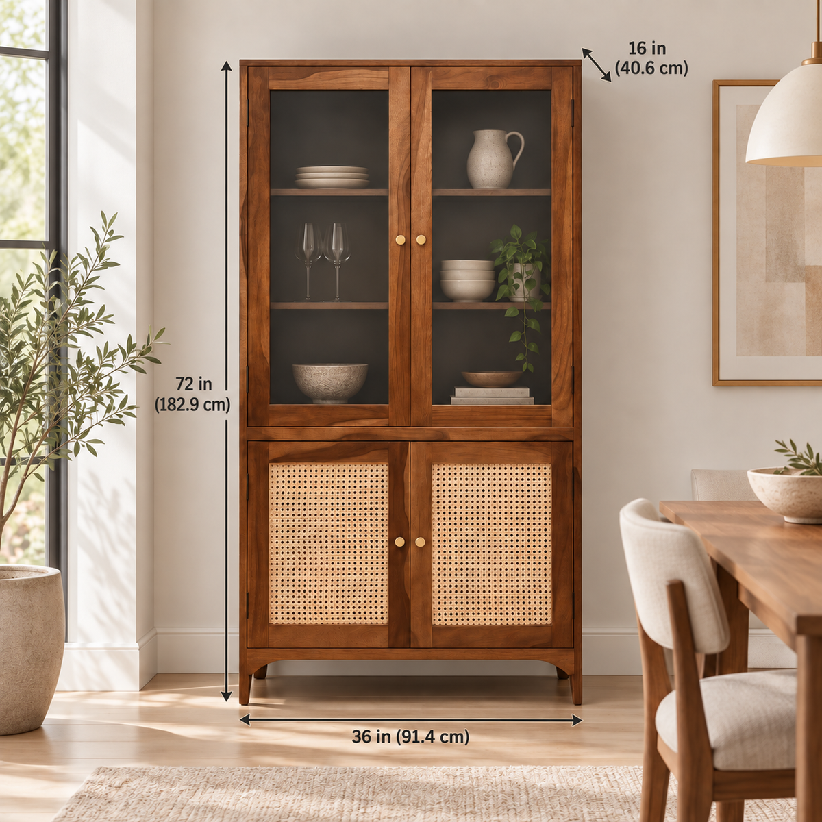 Sheesham wood cabinet measuring 36 inches wide, 16 deep and 72 high