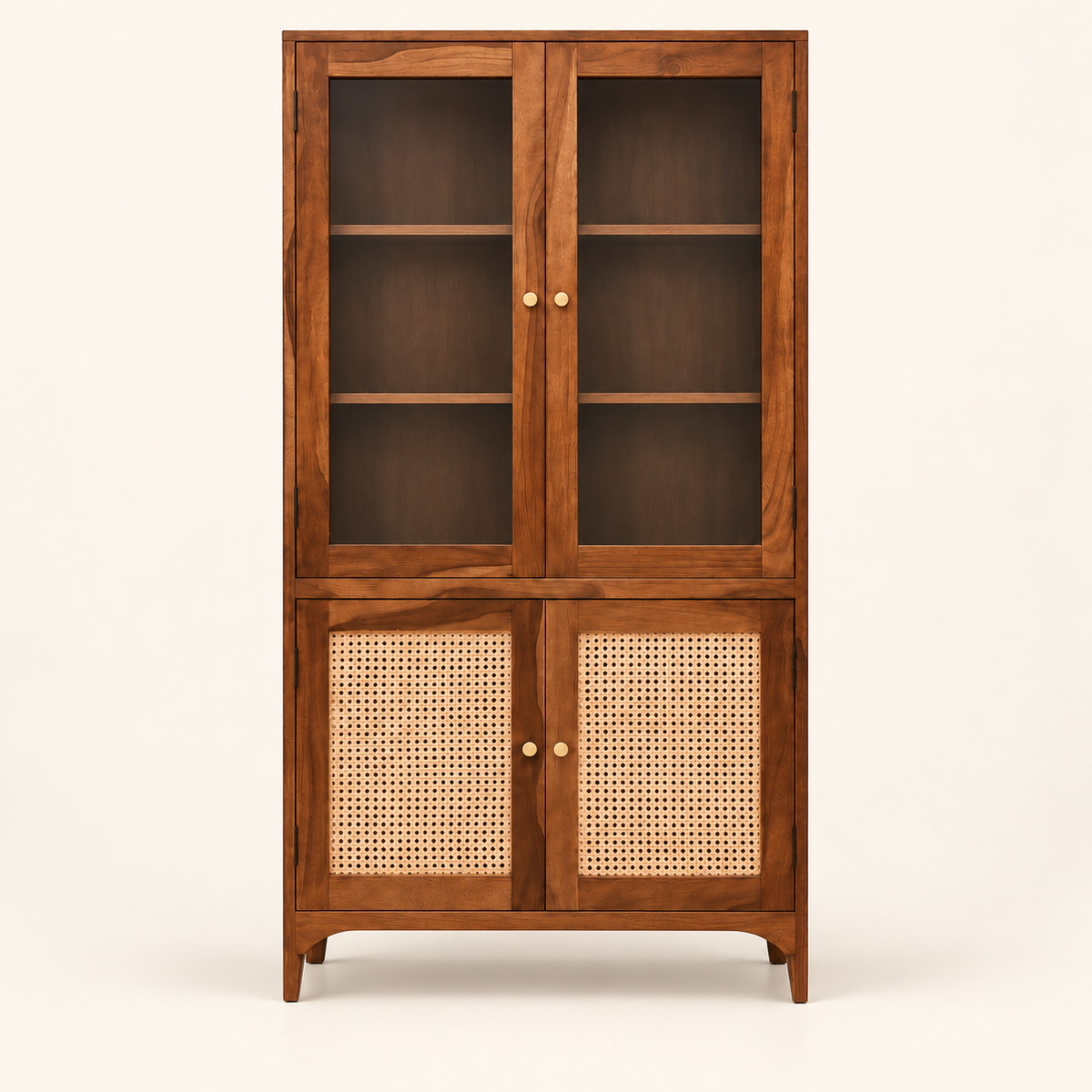 Solid Sheesham wood cane crockery and display cabinet front view