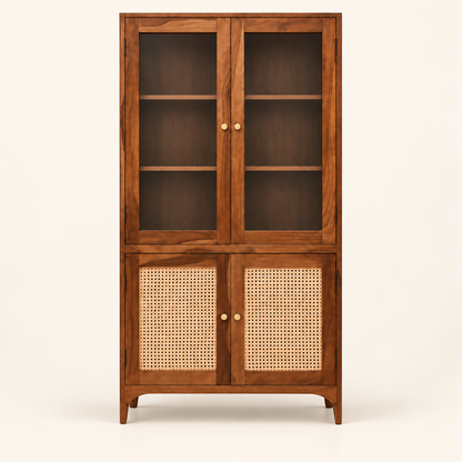 Solid Sheesham wood cane crockery and display cabinet front view