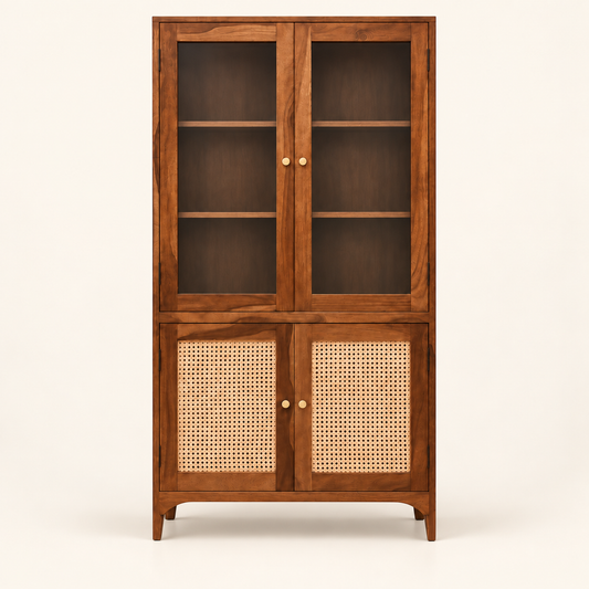 Solid Sheesham wood cane crockery and display cabinet front view