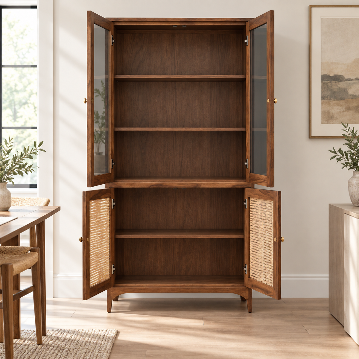Open Sheesham wood display cabinet showing fixed storage shelves