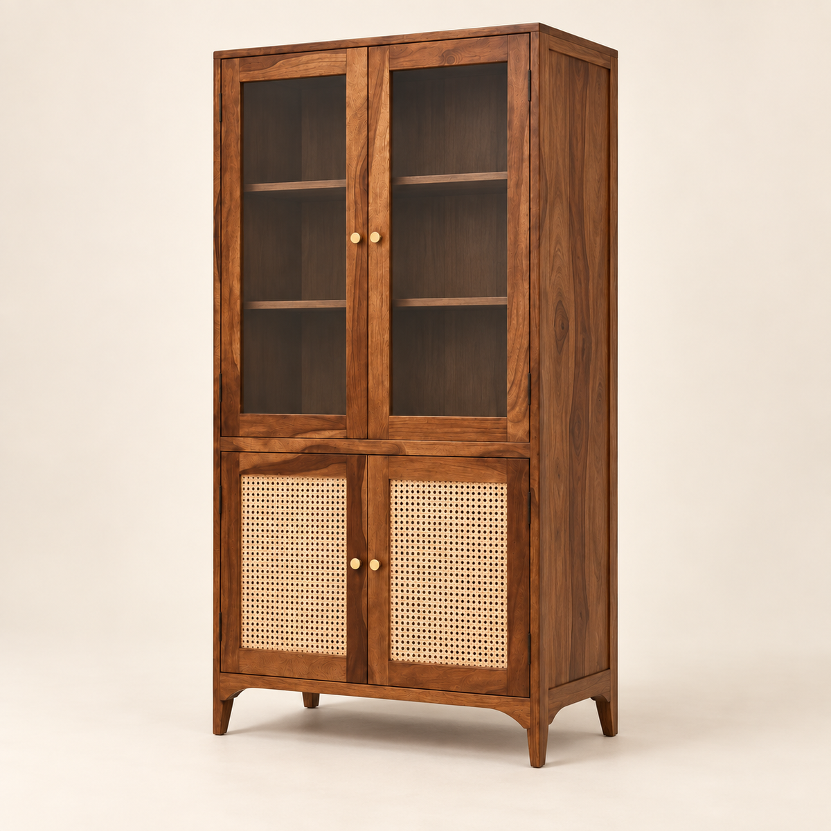 Side-angle view of Sheesham wood display cabinet showing depth