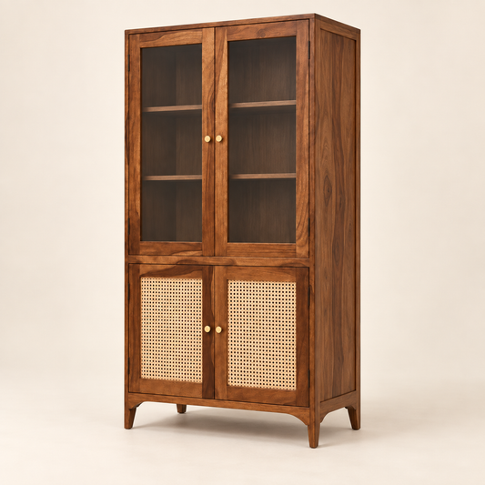 Side-angle view of Sheesham wood display cabinet showing depth