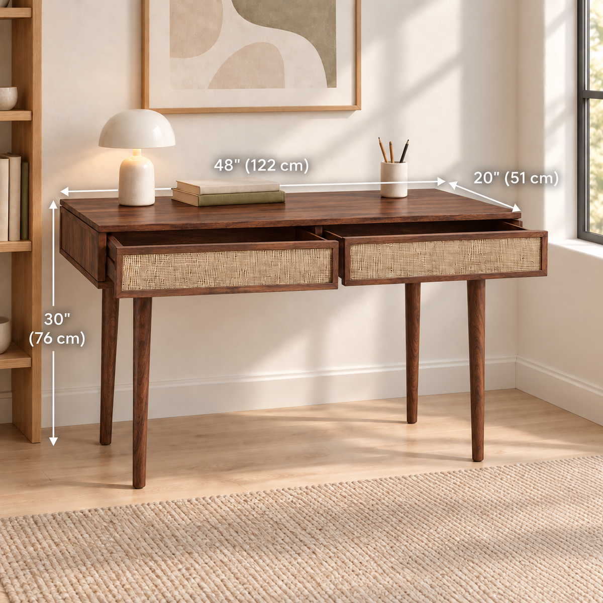 Sheesham Wood Cane Drawer Study Table dimensions: 48″ W × 20″ D × 30″ H (122 × 51 × 76 cm)