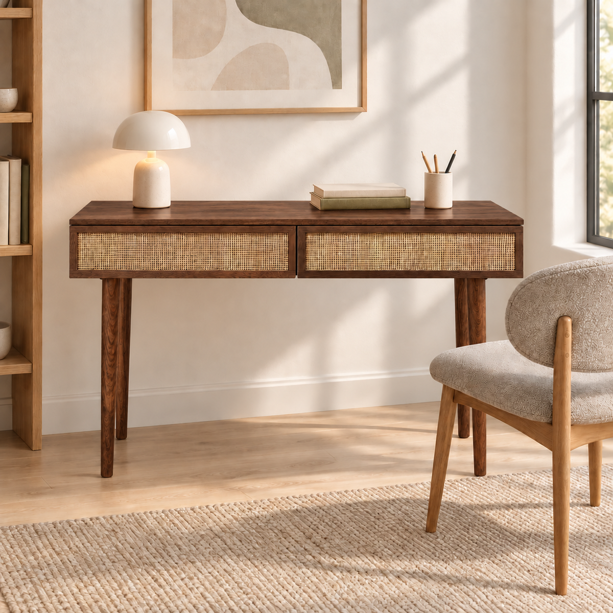Sheesham Wood Cane Drawer Study Table in a styled home workspace