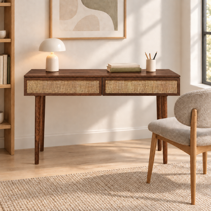 Sheesham Wood Cane Drawer Study Table in a styled home workspace