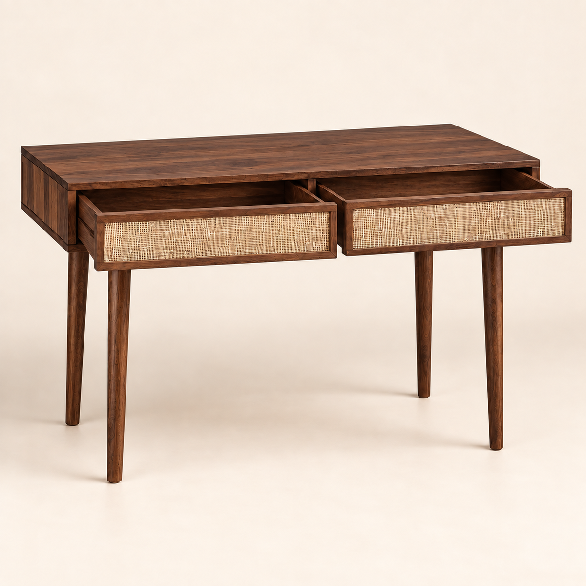 Sheesham Wood Cane Drawer Study Table showing two open drawers with natural cane-front panels