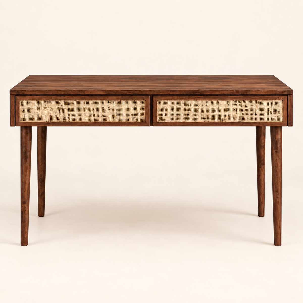 Sheesham Wood Cane Drawer Study Table in walnut finish, front studio view