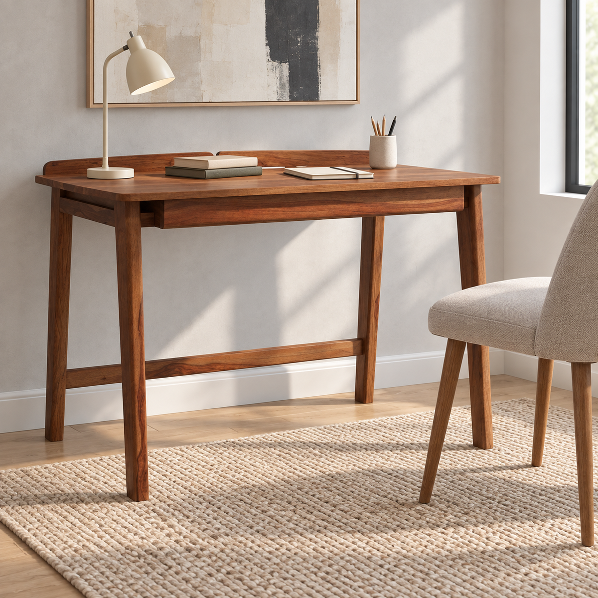 Sheesham Wood Minimal Study Table in a styled home workspace