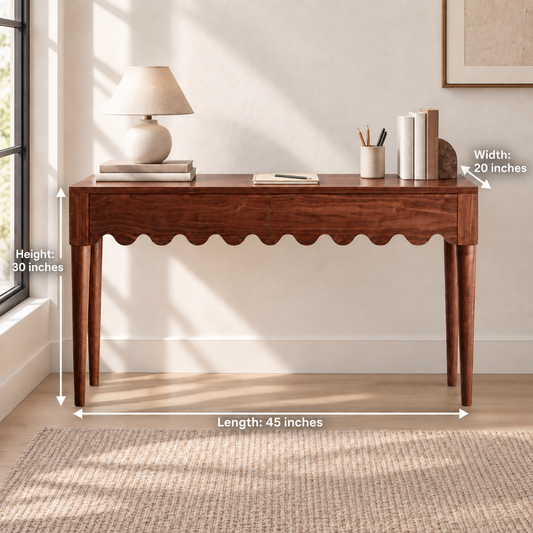 Sheesham Wood Scalloped Study Table dimensions: 45″ W × 20″ D × 30″ H (approx. 114 × 51 × 76 cm)