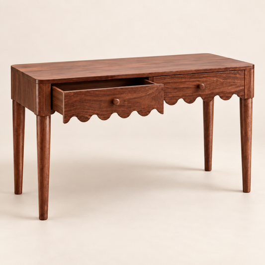 Sheesham Wood Scalloped Study Table showing open drawer and decorative scalloped-edge detail