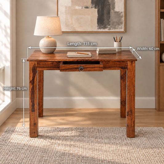 Sheesham Wood Single Drawer Writing Table dimensions: 115 cm W × 60 cm D × 76 cm H