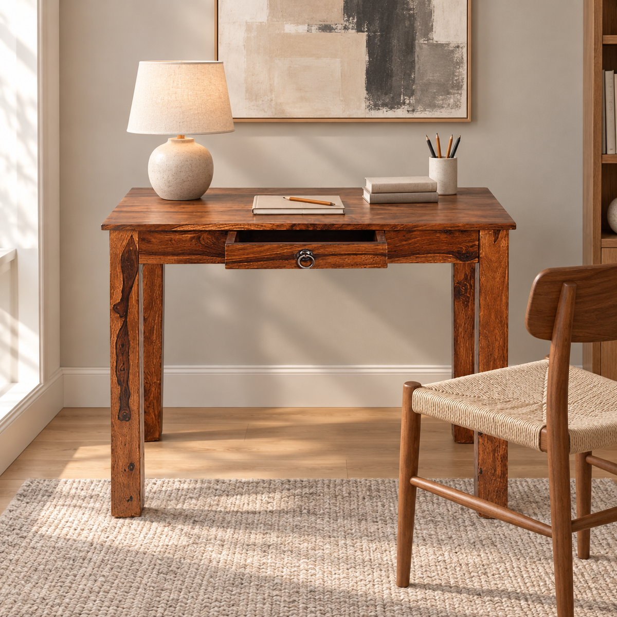 Sheesham Wood Single Drawer Writing Table in a styled home workspace