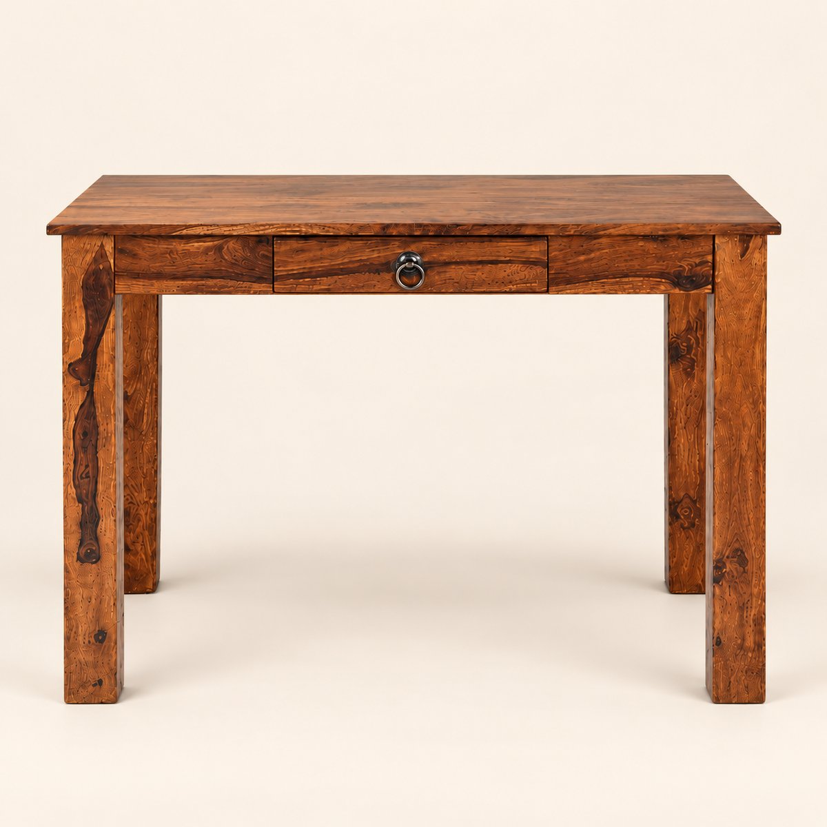 Sheesham Wood Single Drawer Writing Table in walnut finish, front studio view