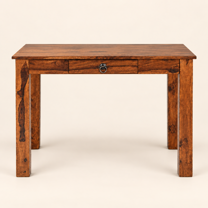 Sheesham Wood Single Drawer Writing Table in walnut finish, front studio view