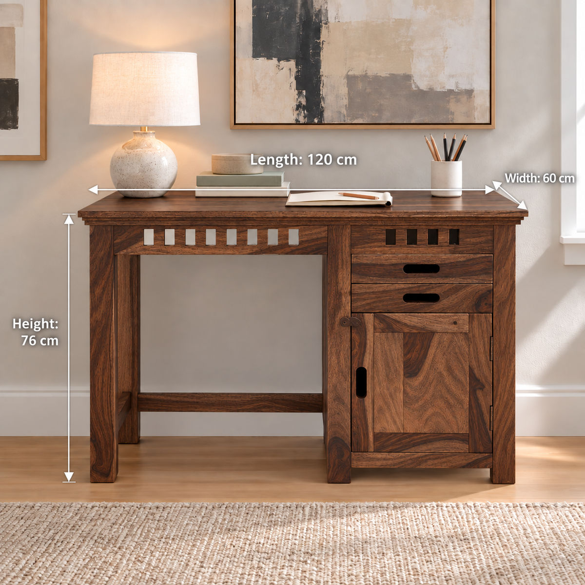 Sheesham Wood Study Table with Cabinet Storage dimensions: 120 cm W × 60 cm D × 76 cm H