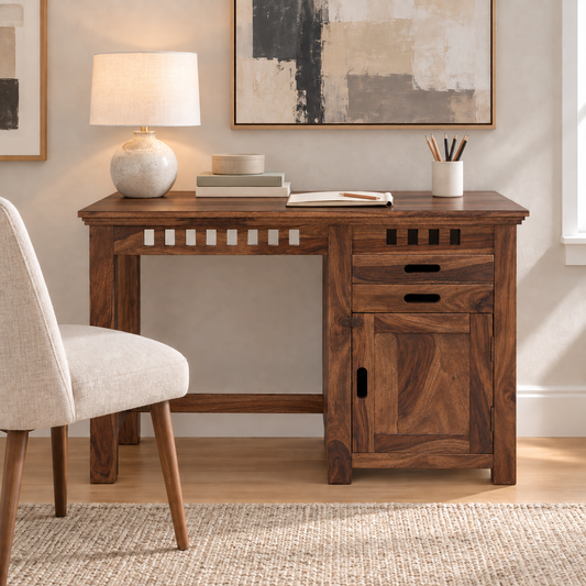 Sheesham Wood Study Table with Cabinet Storage in a styled home workspace