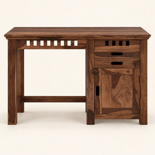 Sheesham Wood Study Table with Cabinet Storage in walnut finish, front studio view