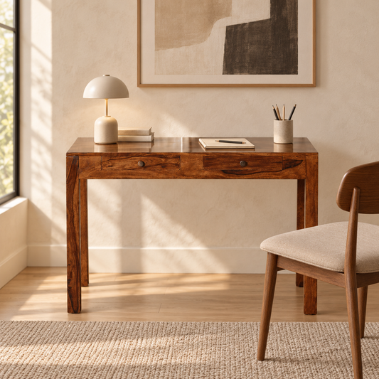 Sheesham Wood Study Table with Round Knobs in a styled home workspace